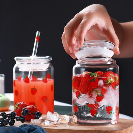 Cute Strawberry-Themed Glass Tumbler with Straw - 600ML Capacity