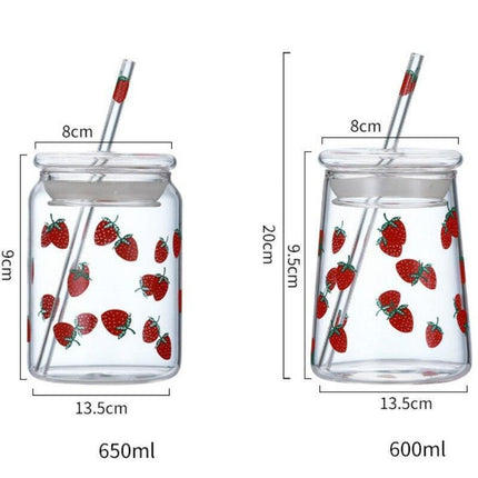 Cute Strawberry-Themed Glass Tumbler with Straw - 600ML Capacity