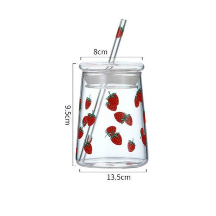 Cute Strawberry-Themed Glass Tumbler with Straw - 600ML Capacity