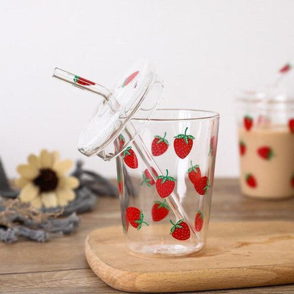 Cute Strawberry-Themed Glass Tumbler with Straw - 600ML Capacity