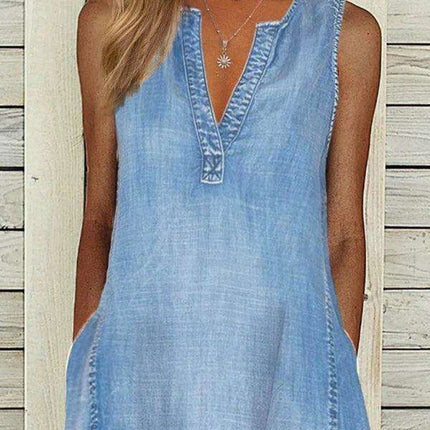 Denim Delight: Elegant Sleeveless V-Neck Dress for Effortless Style - Très Elite