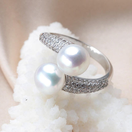 Double Pearl and Zircon Sterling Silver Ring - A Touch of Sophistication