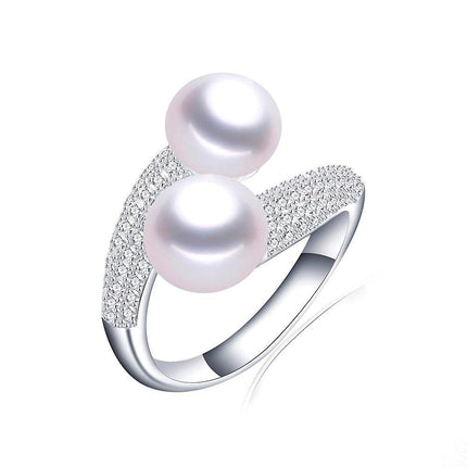 Double Pearl and Zircon Sterling Silver Ring - A Touch of Sophistication
