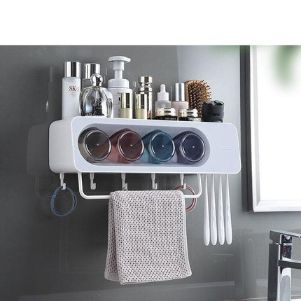 Eco-Friendly Wall-Mounted Bathroom Organizer with Towel Hooks - Smart Storage Solution..