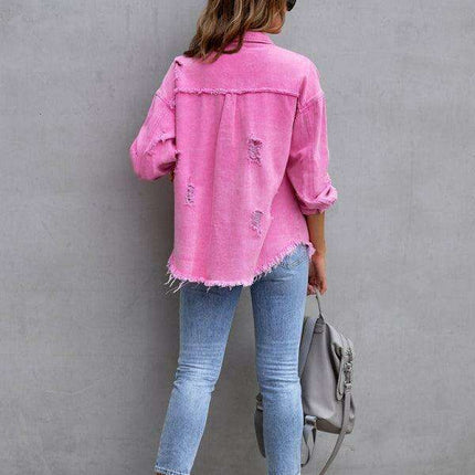 Edgy Elegance: Distressed Raw-Edge Denim Jacket for Effortless Style - Très Elite