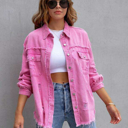 Edgy Elegance: Distressed Raw-Edge Denim Jacket for Effortless Style - Très Elite