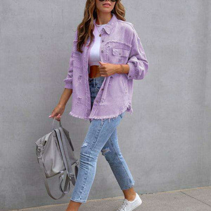Edgy Elegance: Distressed Raw-Edge Denim Jacket for Effortless Style - Très Elite
