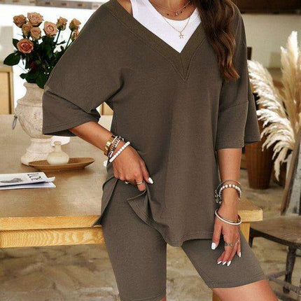 Effortless Elegance: Women's V-Neck Top and Shorts Set