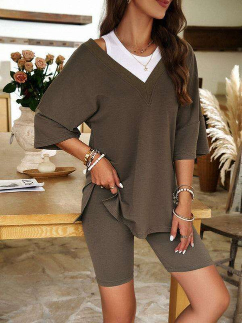 Effortless Elegance: Women's V-Neck Top and Shorts Set