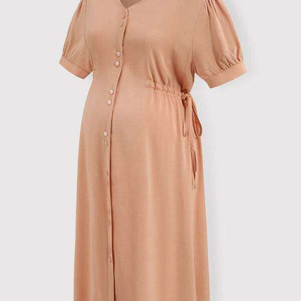Elegant Adjustable Waist Maternity Dress with V-Neck and Button Front - Très Elite