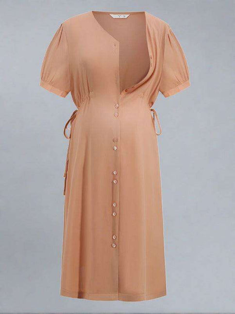 Elegant Adjustable Waist Maternity Dress with V-Neck and Button Front
