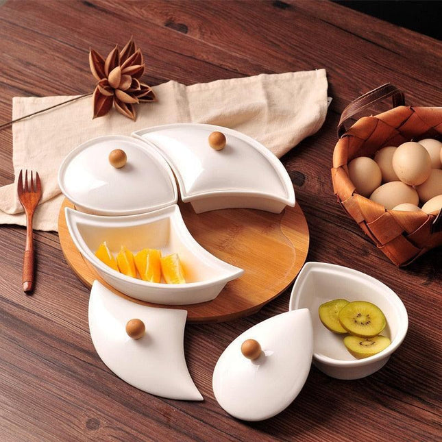 Elegant Artisan Porcelain Serving Ensemble with Sustainable Bamboo Tray