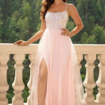 Elegant Backless Mesh Gown with Sheer Smocked Details- Très Elite- Très Elite