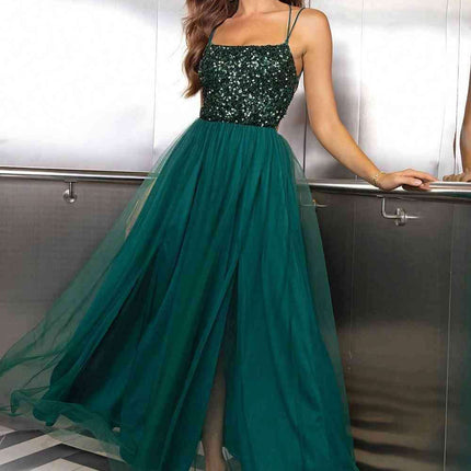 Elegant Backless Mesh Gown with Sheer Smocked Details- Très Elite- Très Elite