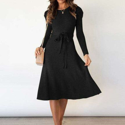 Elegant Belted Cable Knit Sweater Dress - Women's Chic Fashion