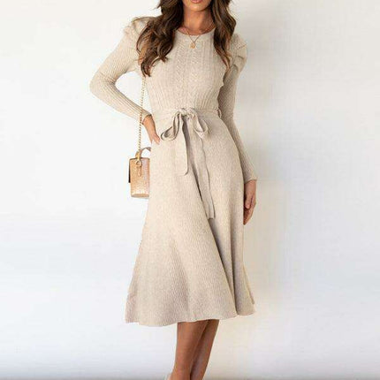 Elegant Belted Cable Knit Sweater Dress - Women's Chic Fashion
