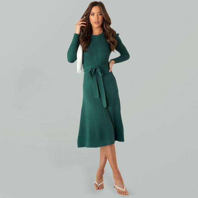 Elegant Belted Cable Knit Sweater Dress - Women's Chic Fashion