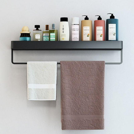 Elegant Black Aluminum Bath Shelf and Towel Rack Set - Modern Storage Solution..