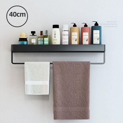 Elegant Black Aluminum Bath Shelf and Towel Rack Set - Modern Storage Solution..