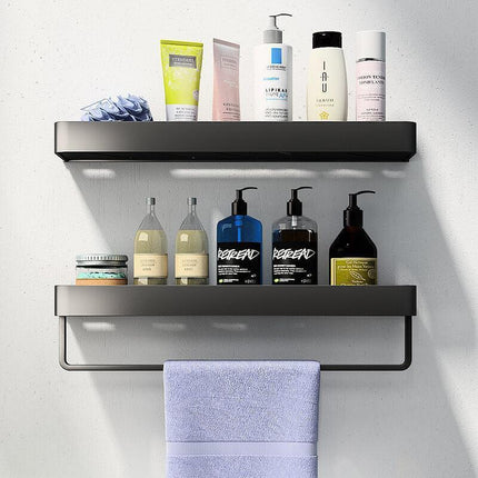Elegant Black Aluminum Bath Shelf and Towel Rack Set - Modern Storage Solution..