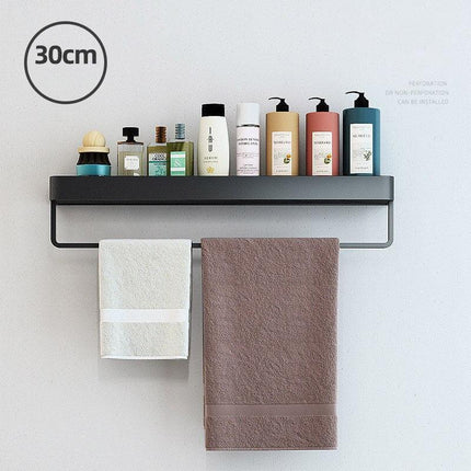 Elegant Black Aluminum Bath Shelf and Towel Rack Set - Modern Storage Solution..