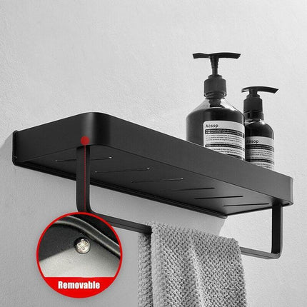 Elegant Black Aluminum Bath Shelf and Towel Rack Set - Modern Storage Solution..