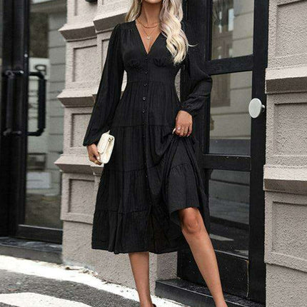 Elegant Black V-Neck Long Sleeve Dress - A Timeless Wardrobe Staple for Any Occasion - Très Elite