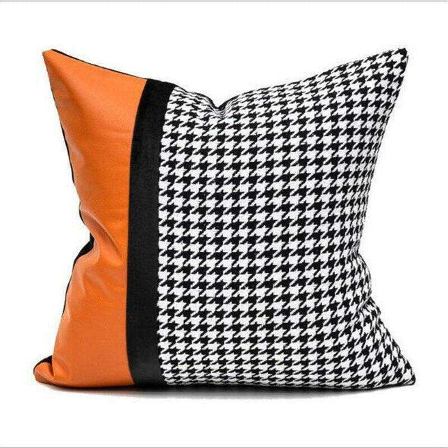 Elegant Black & White Grid Cushion Cover with Vibrant Orange Accent