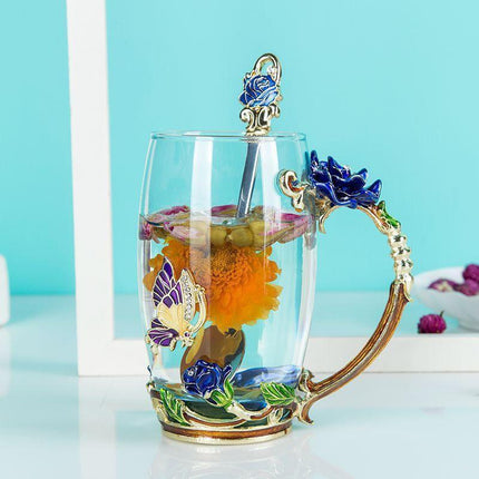 Elegant Blue Rose Enamel Crystal Tea Mug - Perfect for Special Celebrations - Très Elite