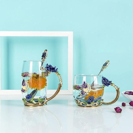 Elegant Blue Rose Enamel Crystal Tea Mug - Perfect for Special Celebrations - Très Elite
