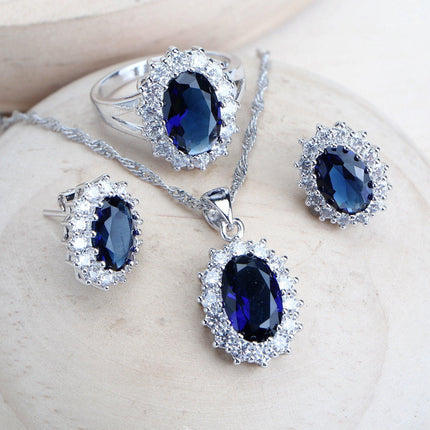 Elegant Blue Zirconia Sterling Silver Bridal Jewelry Ensemble.