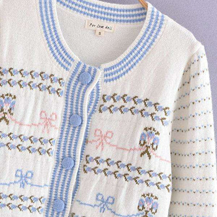 Elegant Bow-Embellished Knit Cardigan with Round Neck and Button Details
