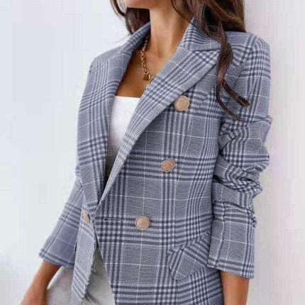 Elegant Checkmate Ensemble | Stylish Plaid Double-Breasted Jacket for Ladies