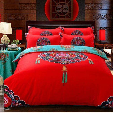 Elegant Chinese Wedding-Inspired 4-Piece Round Bedding Set - Très Elite