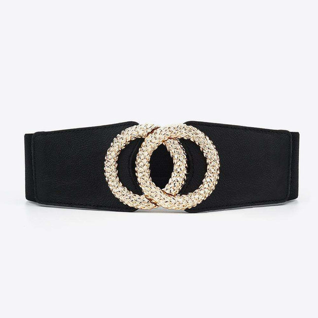 Elegant Circle Buckle Wide Stretch Belt in Premium PU with Unique Zinc Alloy Fastener