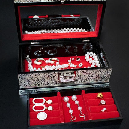 Elegant Crane and Shell-Inlaid Jewelry Organizer with Mirror