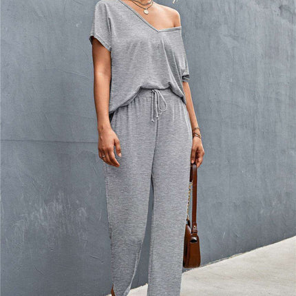 Elegant Ease V-Neck Top and Drawstring Trousers Set