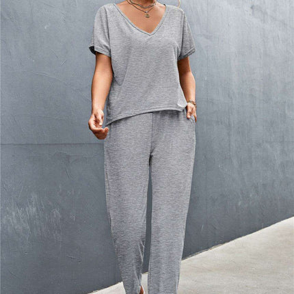 Elegant Ease V-Neck Top and Drawstring Trousers Set