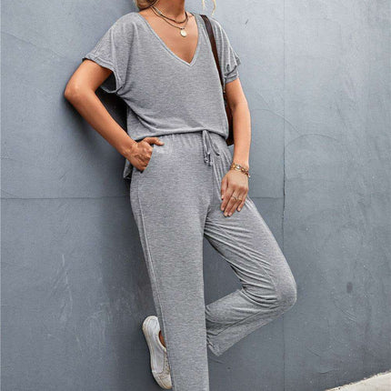 Elegant Ease V-Neck Top and Drawstring Trousers Set