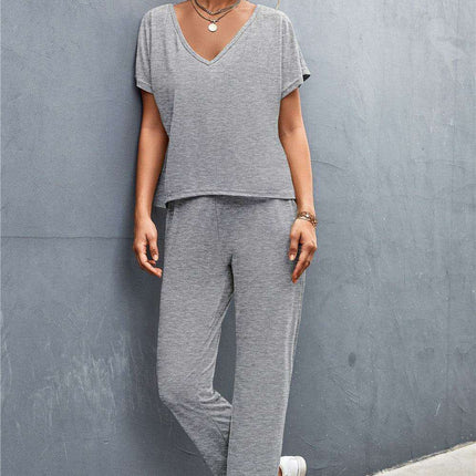 Elegant Ease V-Neck Top and Drawstring Trousers Set