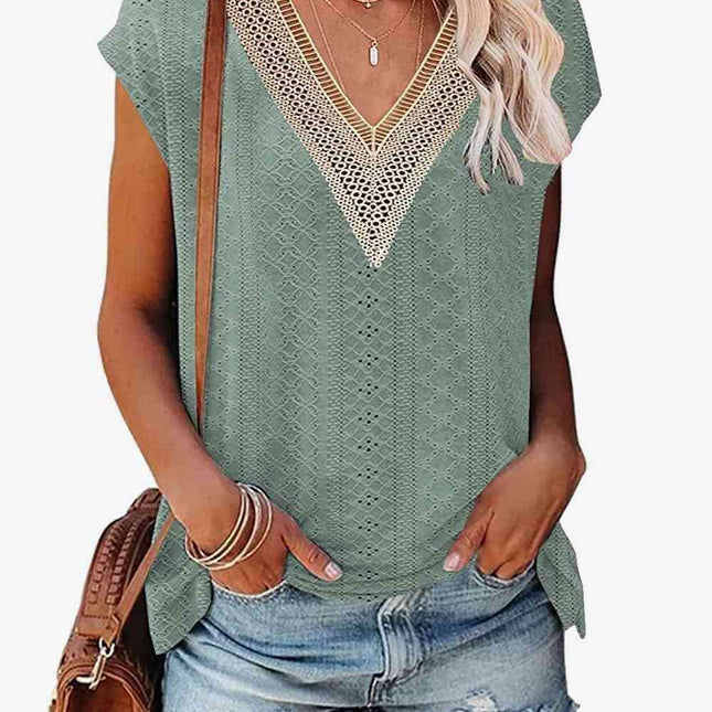 Elegant Eyelet Chevron V-Neck Tee with Stylish Openwork Design