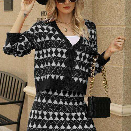 Elegant Geometric Knit Cardigan and Skirt Set