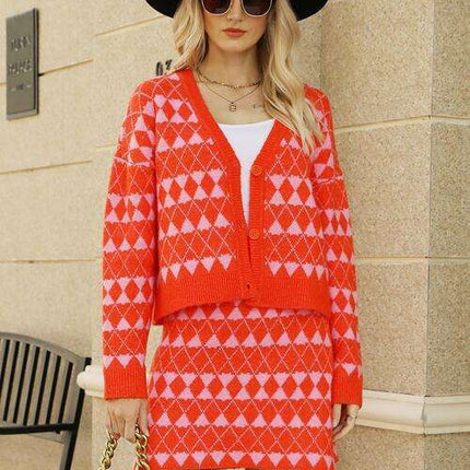 Elegant Geometric Knit Cardigan and Skirt Set