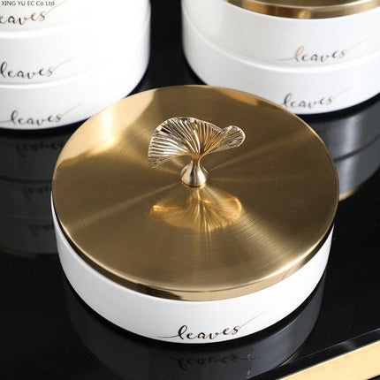 Elegant Ginkgo Leaf Ceramic Serving Tray with Stylish Metal Accents - Très Elite