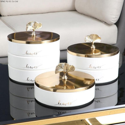 Elegant Ginkgo Leaf Ceramic Serving Tray with Stylish Metal Accents - Très Elite