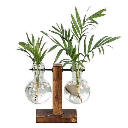 Elegant Glass Planter Set with Wooden Stand - Stylish Indoor Garden Showcase - Très Elite