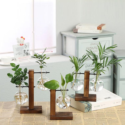 Elegant Glass Planter Set with Wooden Stand - Stylish Indoor Garden Showcase - Très Elite