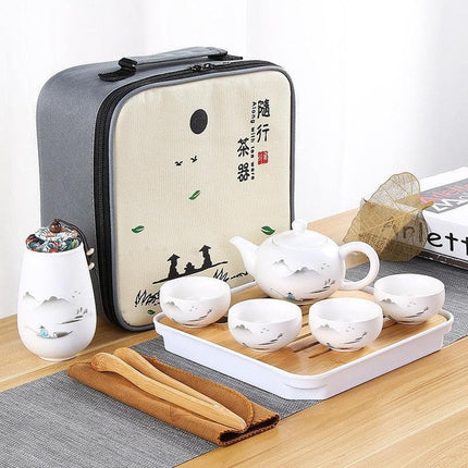 Elegant Handcrafted Ceramic Tea Set with Chic Travel Tote: Sip in Style - Très Elite
