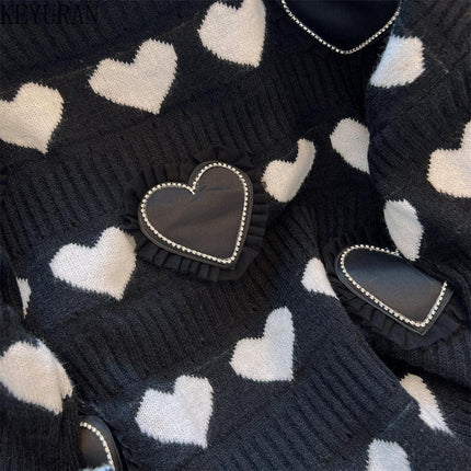 Elegant Heart Jacquard Knit Sweater - Luxury Edition with Ruffled Accents and Sparkling Details - Très Elite