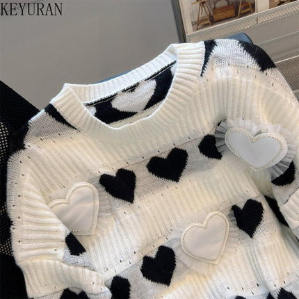 Elegant Heart Jacquard Knit Sweater - Luxury Edition with Ruffled Accents and Sparkling Details - Très Elite
